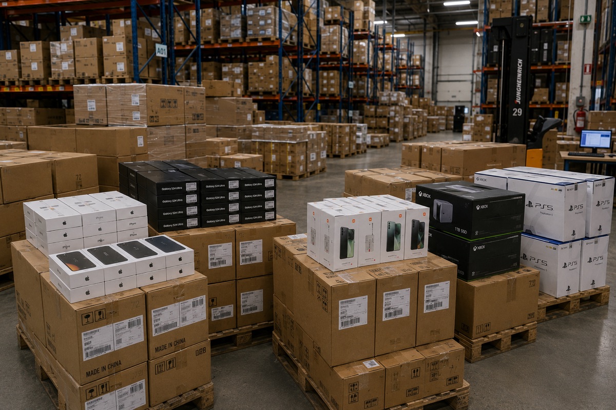 Almac&eacute;n B2B con carretilla y palets de m&oacute;viles y consolas listos para distribuci&oacute;n
