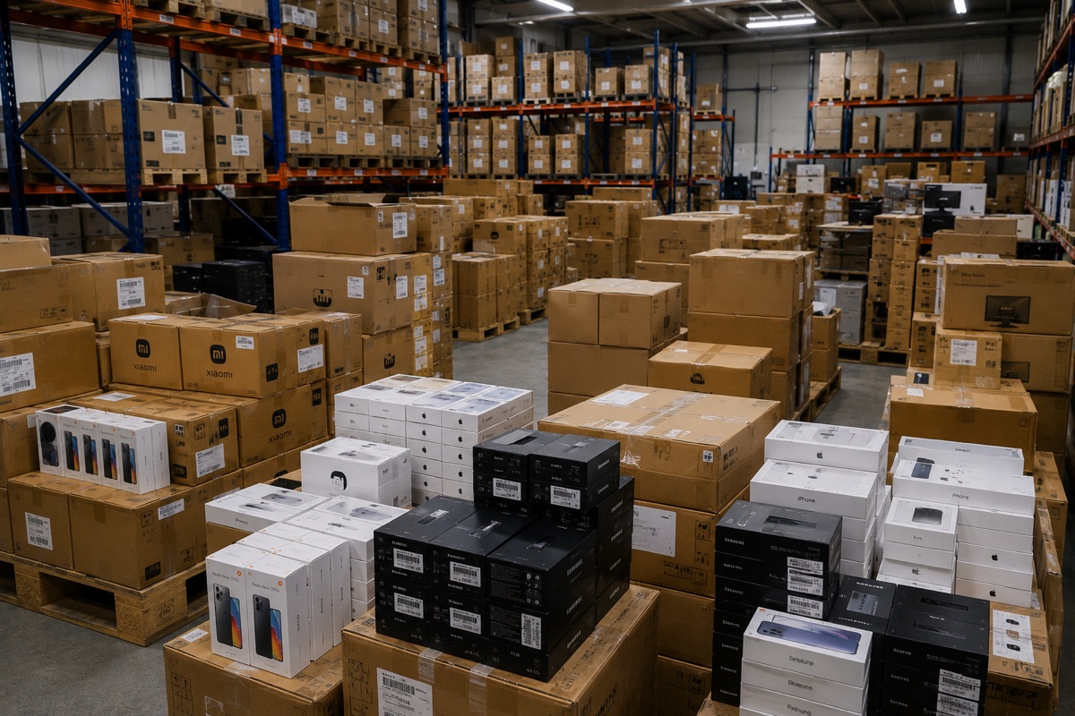 Palets de almacén con móviles, portátiles y electrónica de consumo para compradores B2B