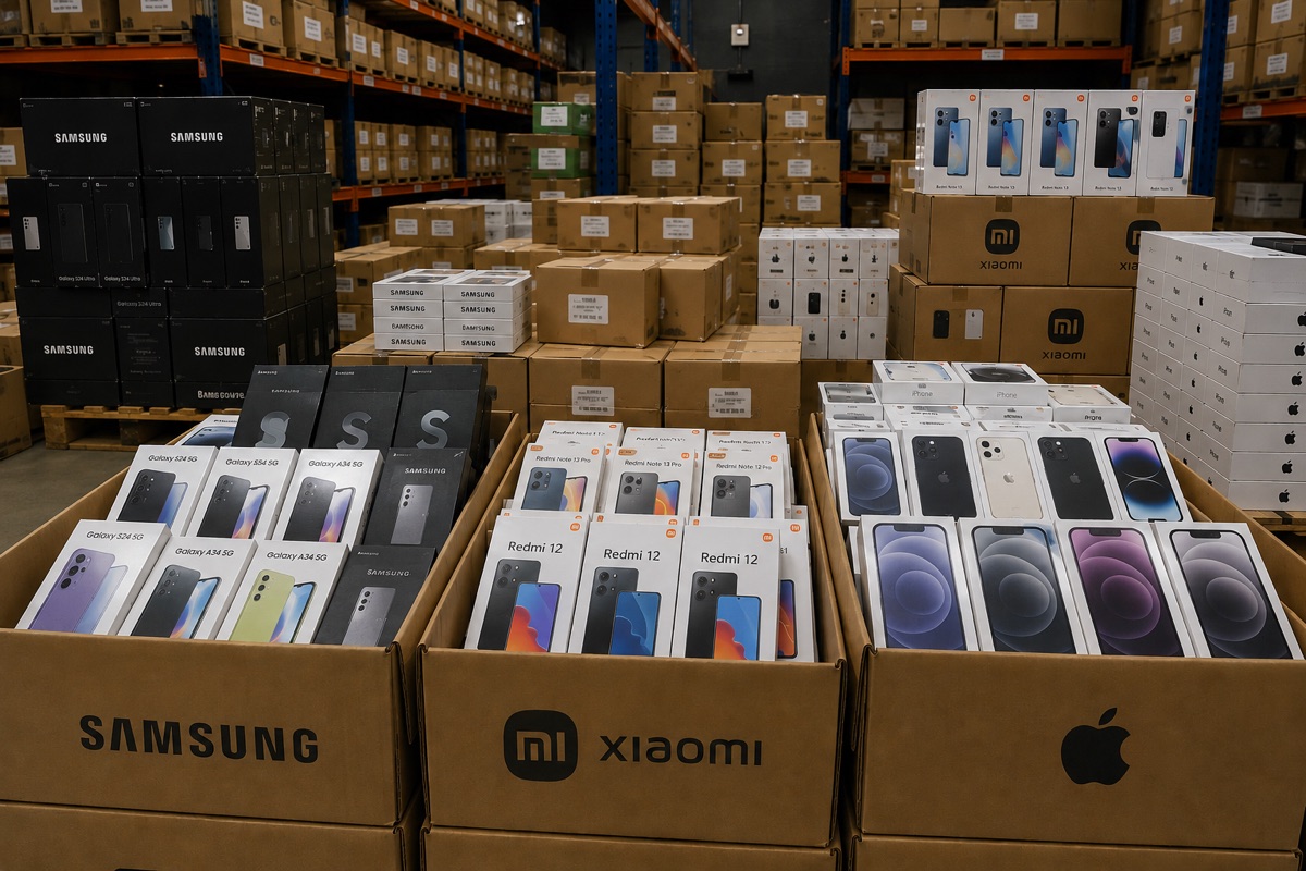 Lotes de móviles Samsung, Xiaomi y iPhone en caja, clasificados en almacén